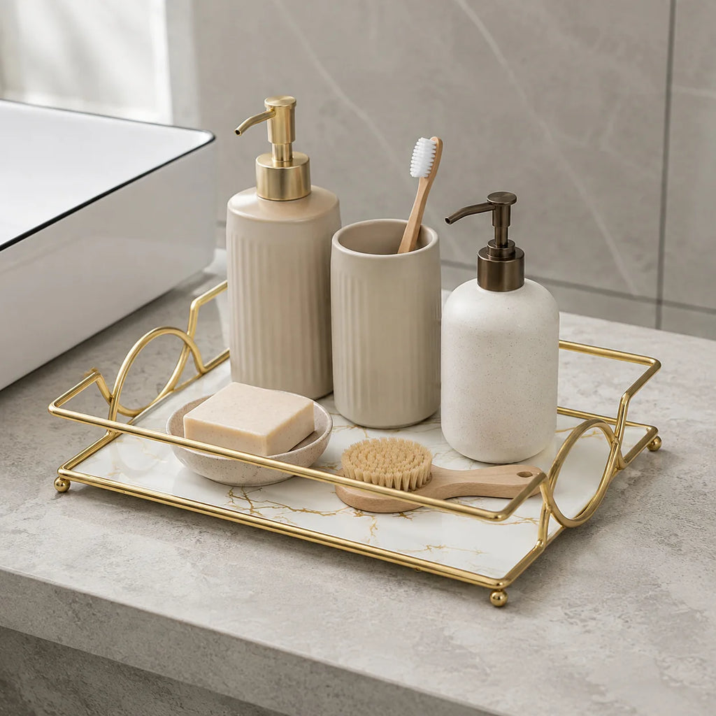 Glass Bathroom Vanity Tray with Metal – Perfume & Makeup Organizer Decorative Vanity Tray Richie's