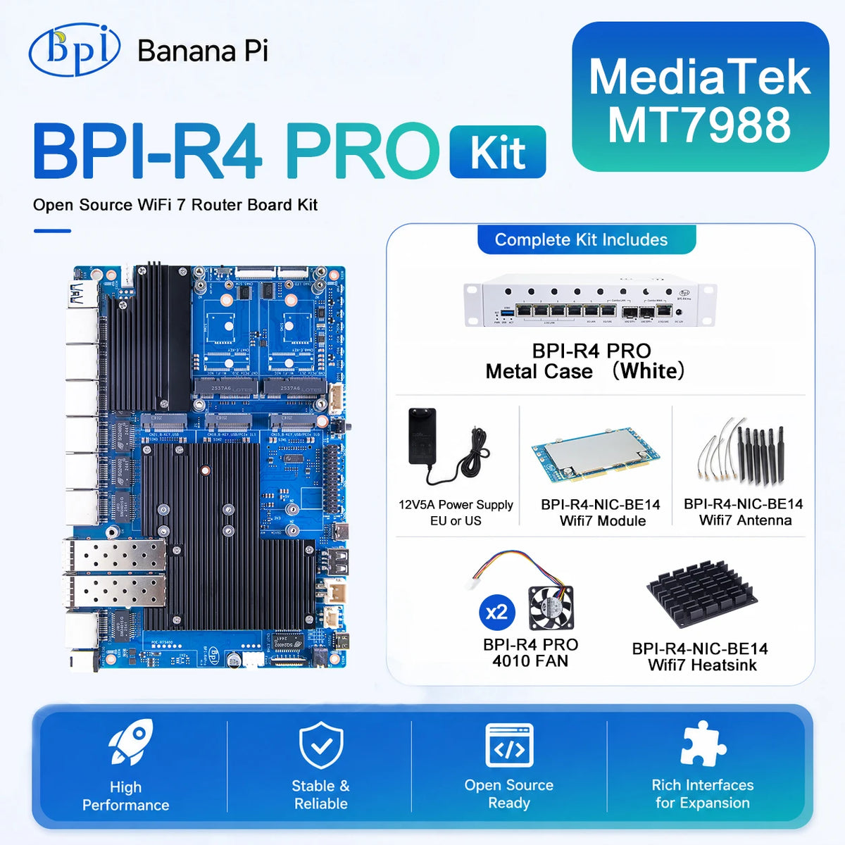 Banana Pi BPI-R4 PRO Router Board Set MT7988A Wi-Fi 7 8GB Router Board Kit Richie's EU Power 4GB RAM SET 10