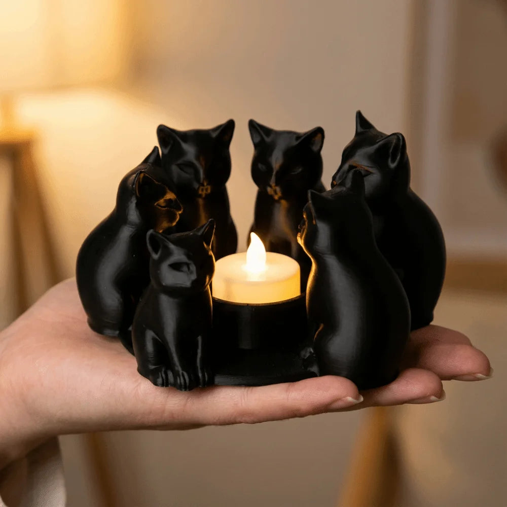3D Printed Black Cat Ring Candle Holder Set of 6 | PLA Candle Holder Set Richie's