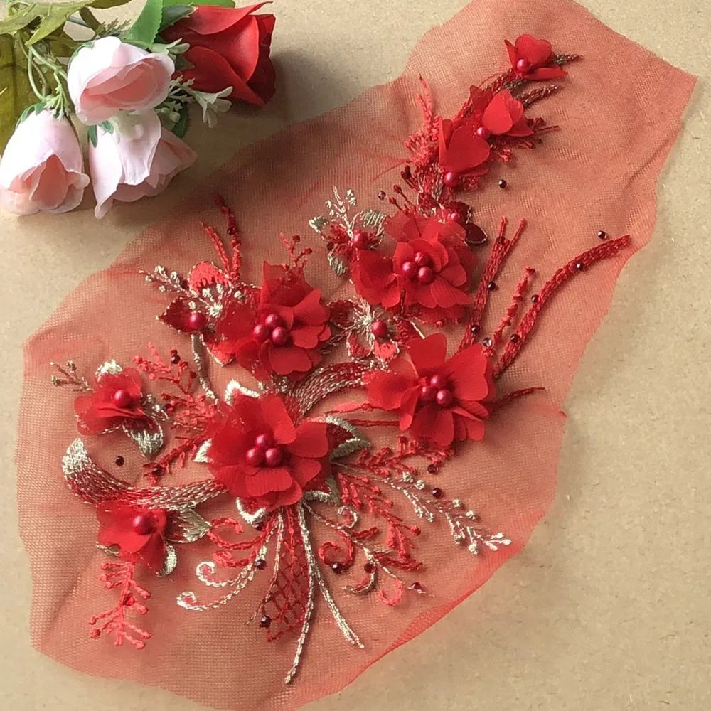 3D Sequined Flower Embroidery Patch – DIY Floral Lace Applique Embroidery Applique Patch Richie's Red