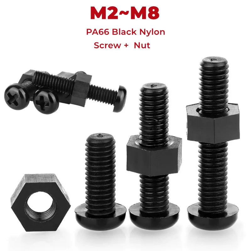 PA66 Black Nylon Screw Nut Set M2–M8 | Round Head Plastic Bolts Nylon Screw Nut Set Richie's M5x15mm-20Sets