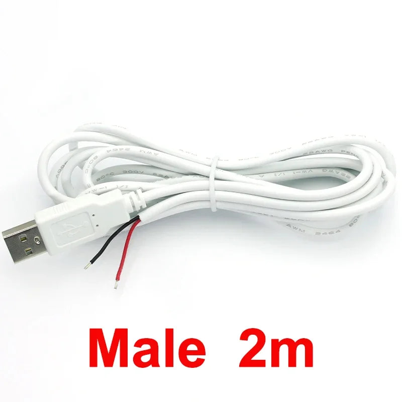 USB 2.0 2-Pin Power Supply Cable DIY Charging Cord 0.3m–2m USB Power Cable Richie's Male 2m