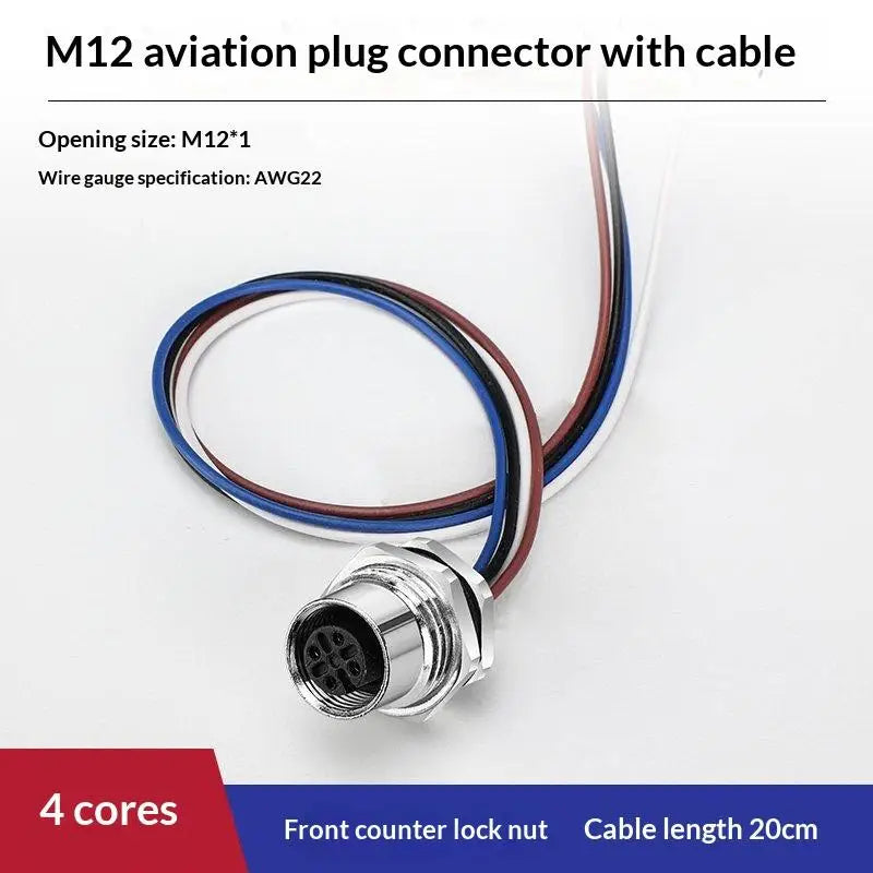 M12 IP67 Waterproof Connector 4/5/8 Pin Panel Socket 22AWG Wire Industrial Connector Richie's Front 4P F 20cm