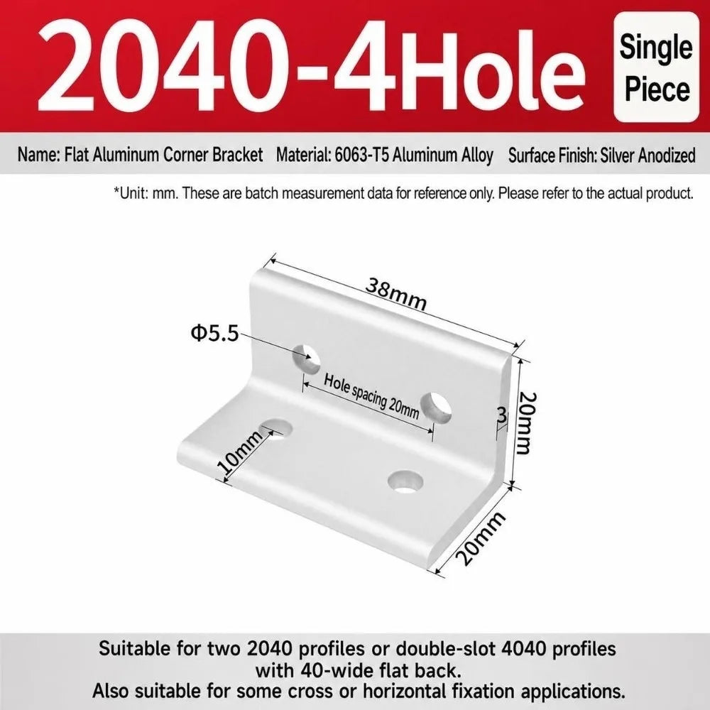 90° Aluminum Angle Bracket Flat Right Angle Frame Joint Connector Aluminum Angle Bracket Richie's 2040-4Hole Silver