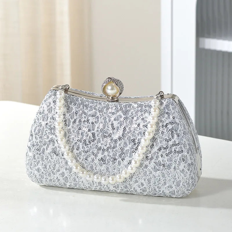 Luxury Beaded Pearl Clutch Bag – Wedding Evening Shoulder Bag Beaded Evening Clutch Richie's silver